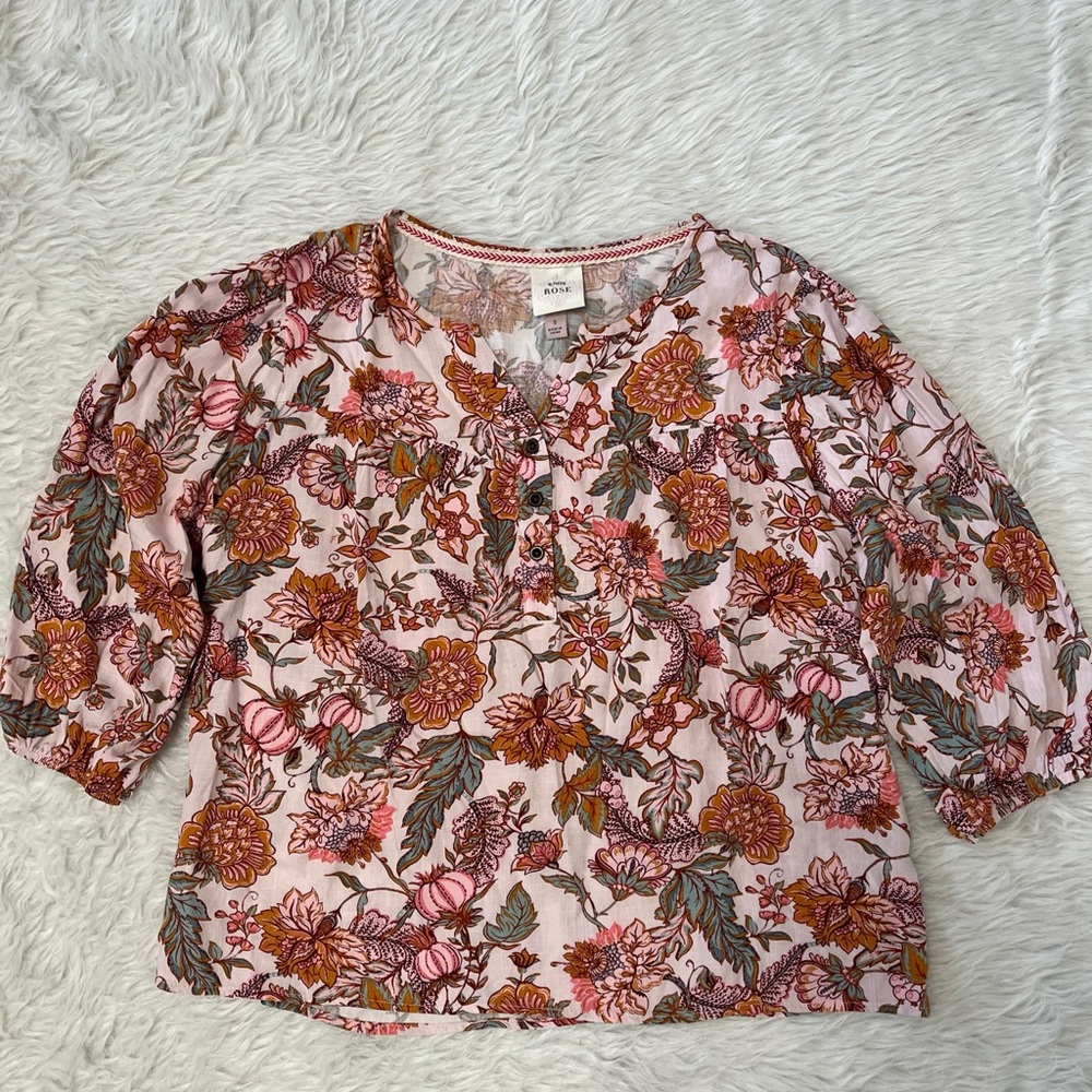 Knox Rose Womens Top Sz Small Pink Orange Floral Fall 3/4 Sleeve